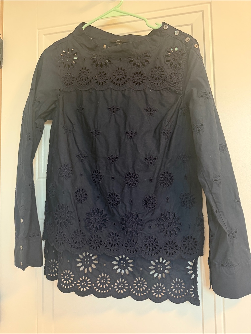 J. Crew Navy Eyelet Lace Long-Sleeve Blouse